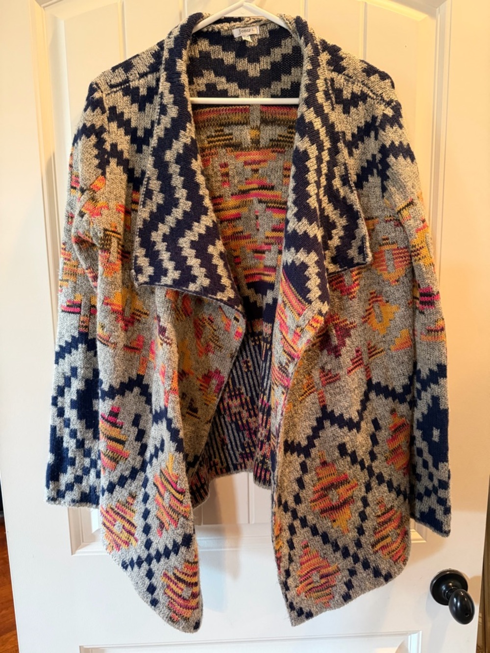 JODIFL Gray Open-Front Cardigan with Navy and Multicolor Accents Small/Medium